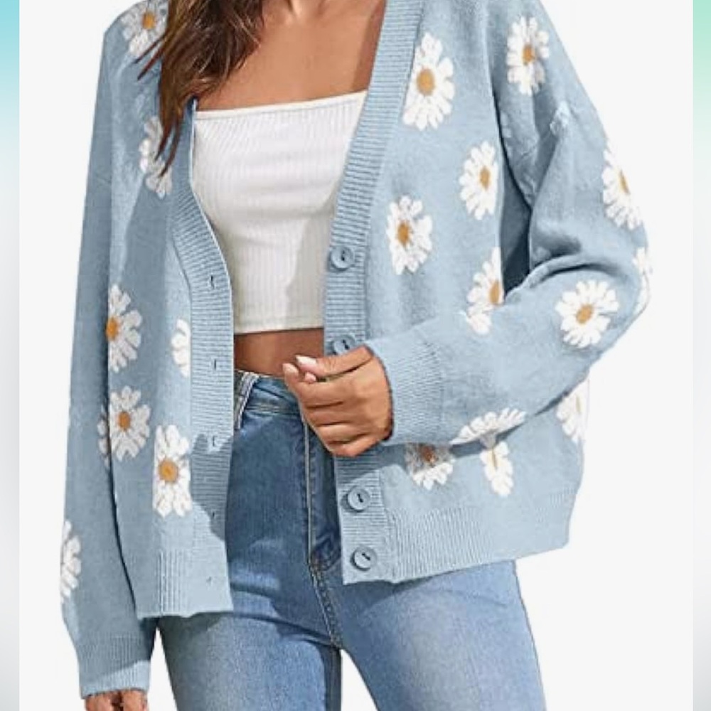 Floral Print Cardigan Long Sleeve Open Front Button Down V Neck Knitted Sweaters - Picture 2 of 6